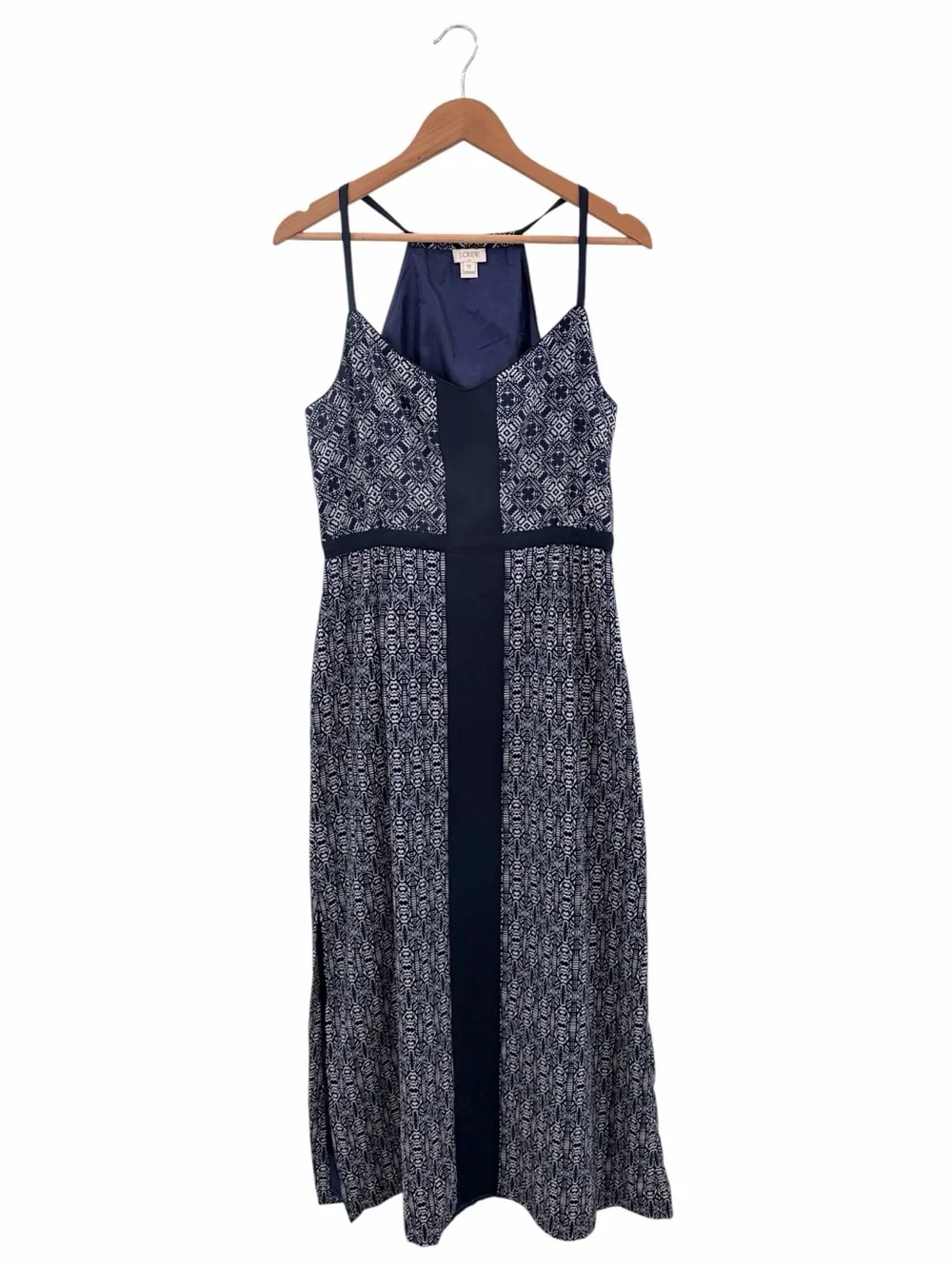 J.Crew Navy White Geometric Print Strappy Maxi Dress Side Slit Size 12